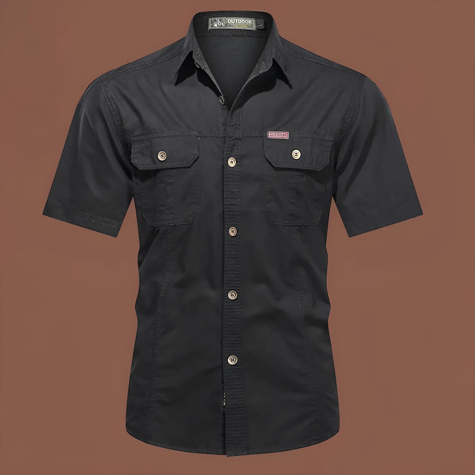 Men's army green short sleeve cotton work shirt with a loose cardigan fit on a hanger.