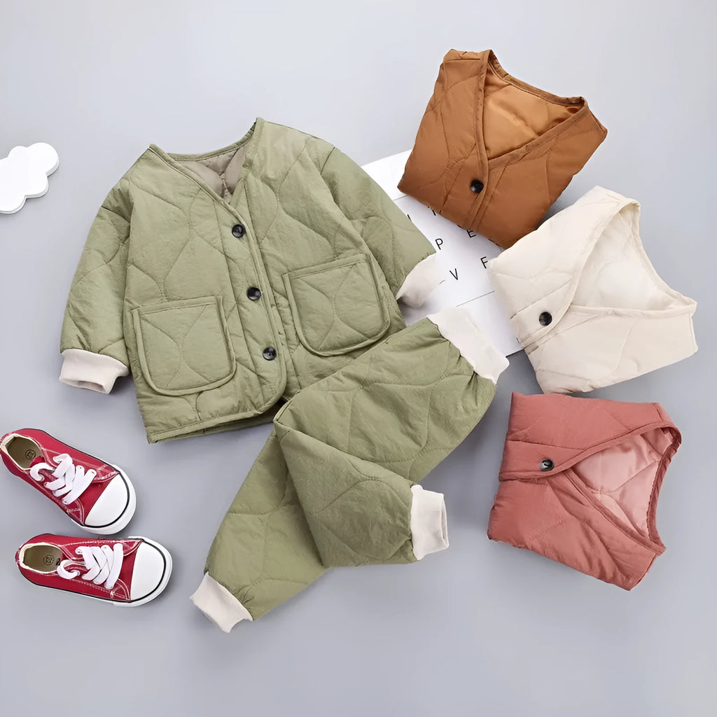 Neutral Korean style baby two-piece suit in cotton velvet, available in red, green, beige, and brown for 80-130cm height