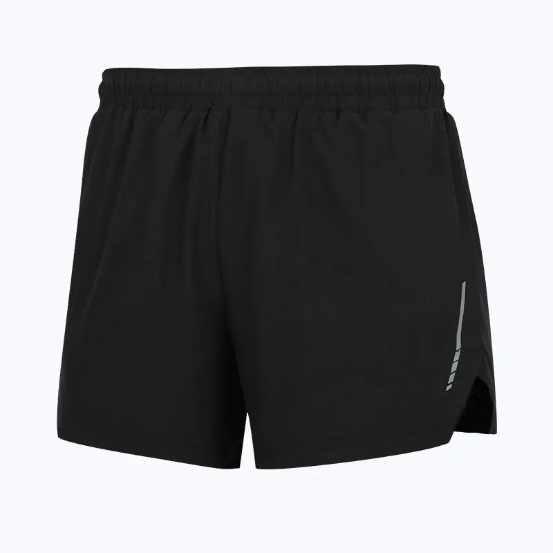 Men's straight-cut quick-dry polyester running shorts in grey, black, green, and blue colours.