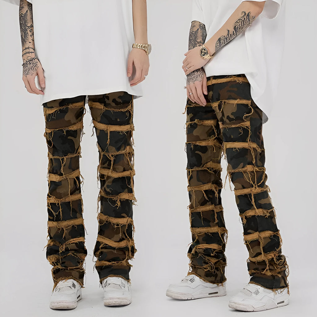 Men's camouflage trumpet leg jeans in 98% cotton denim with micro-elastic finish and colour matching.