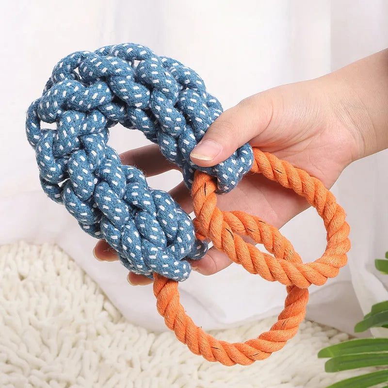 Blue braided cotton dog chew toy with double rings and bone shape, 37cm long