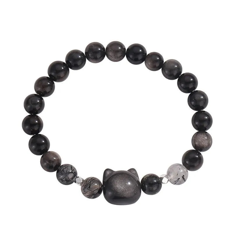 Obsidian cat couple bracelet with silver stone or white agate charm, SL311 colour options.