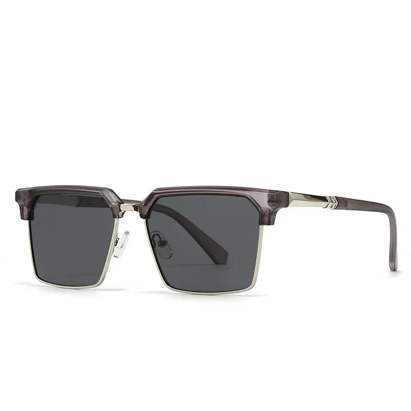 Men's square sunglasses showing adjustable temple hinge and gradient lens in green frame option.