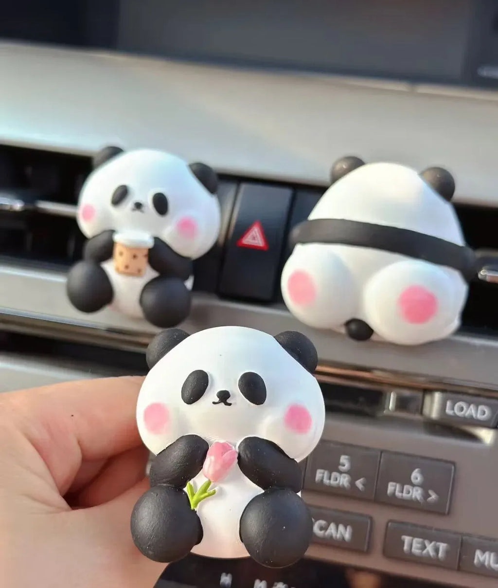 Cute panda-shaped car vent clip air freshener in three character designs: back, holding flower, and milk tea panda.