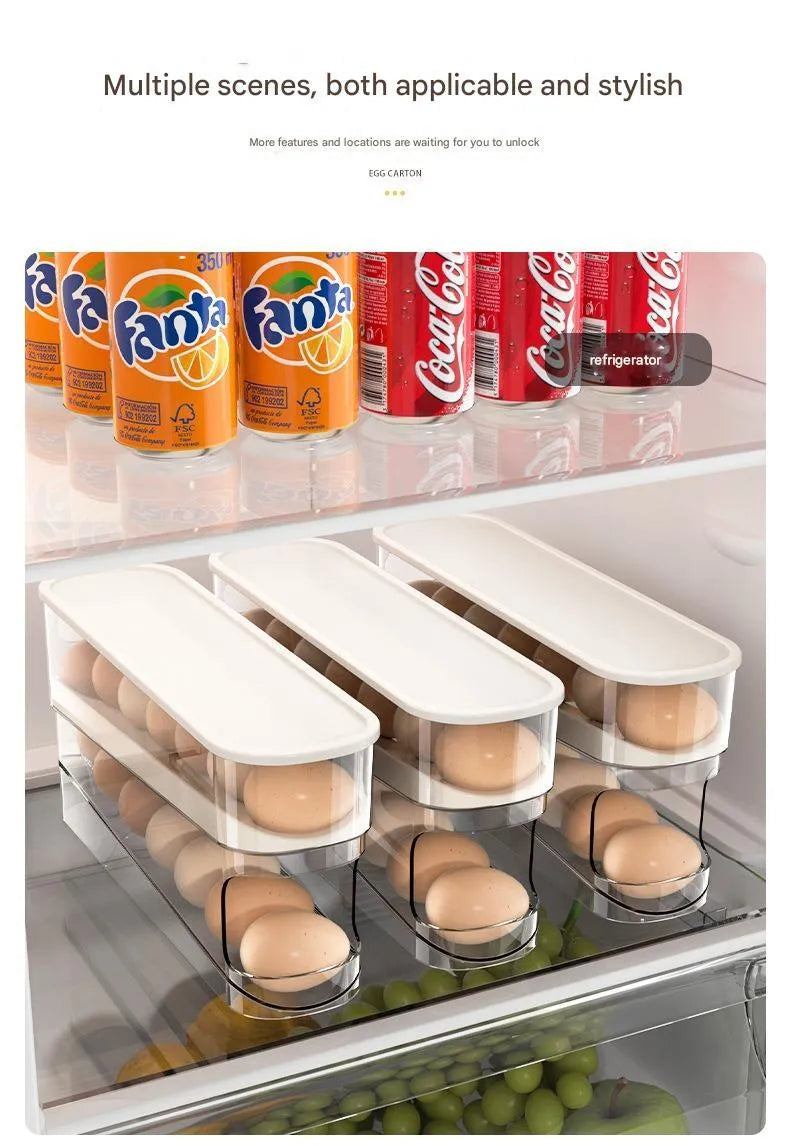 White plastic slide-out egg tray with automatic dispenser on a kitchen countertop