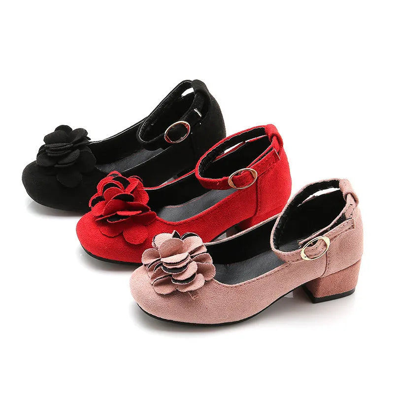 Girls show leather princess high heels in black pink red artificial PU upper sizes 27 to 37