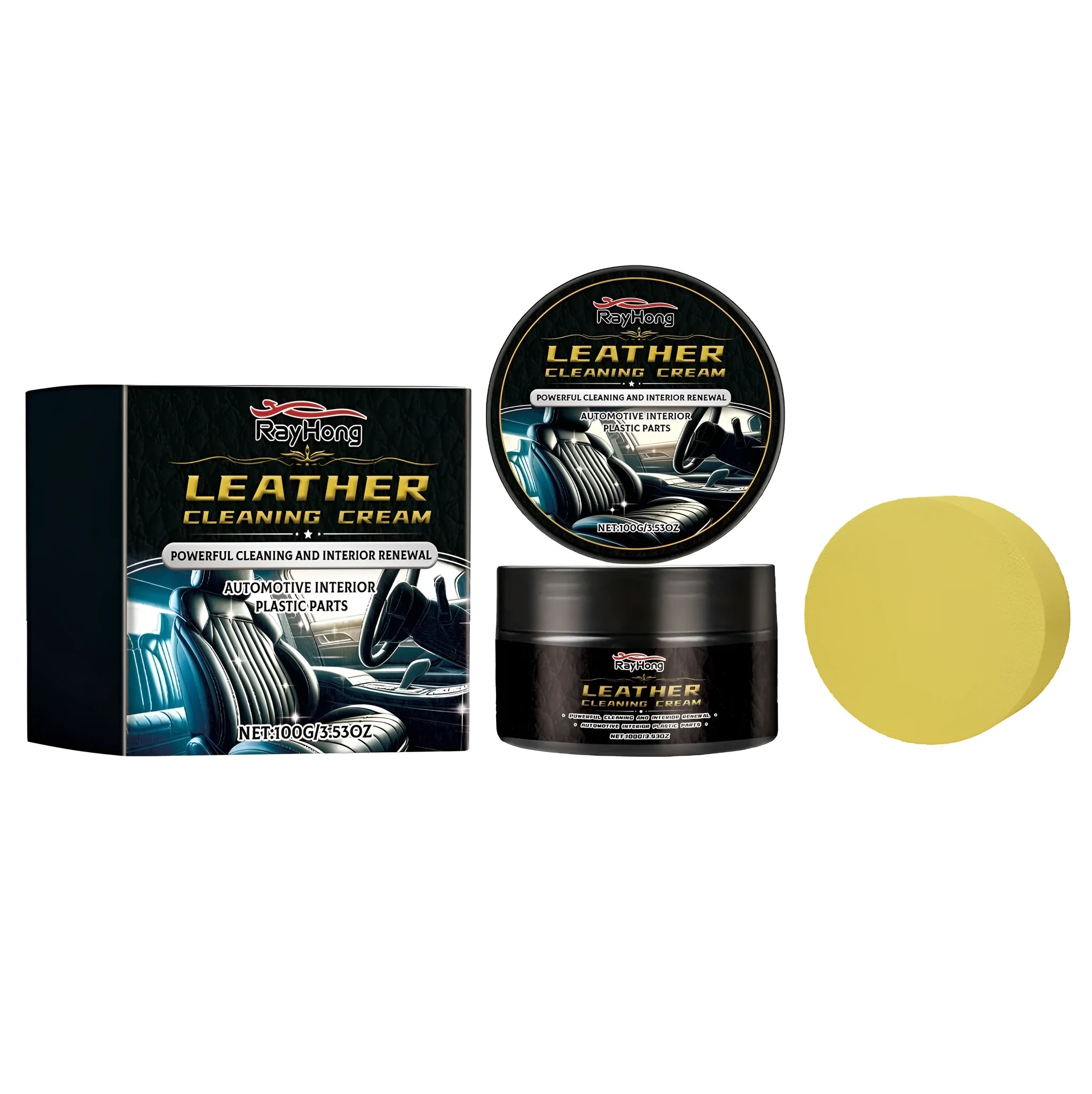 100g bottle of leather cleaning cream with beeswax and a sponge applicator on a white background