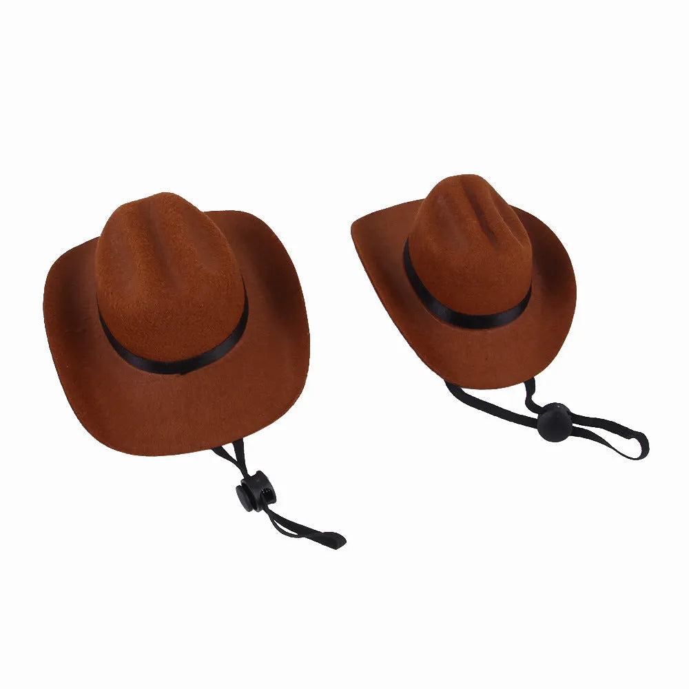 Brown adjustable fabric cowboy hat on a dog, showing rounded brim and headband strap.