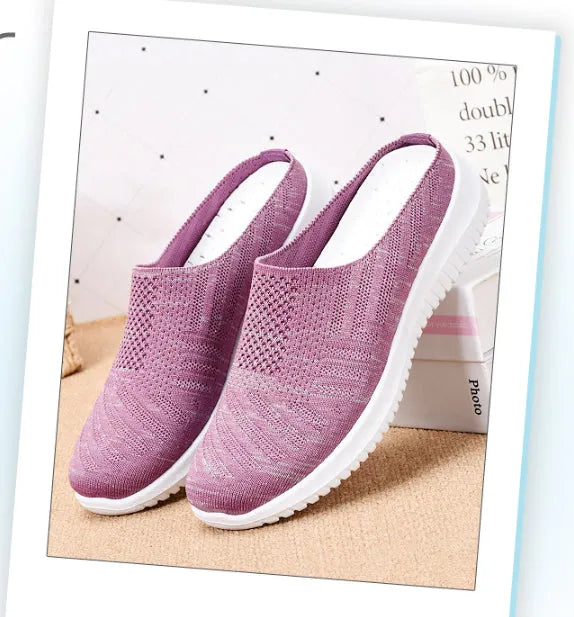 Plus size toe cap semi slippers in purple, gray and black with soft bottom and breathable mesh lining