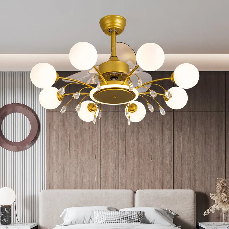 Gold ceiling fan lamp with multiple light heads and metal blades