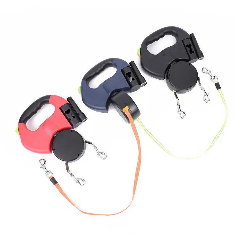 Dual retractable dog leash for small dogs with 360 swivel, flashlight, and 3m nylon ropes, in black