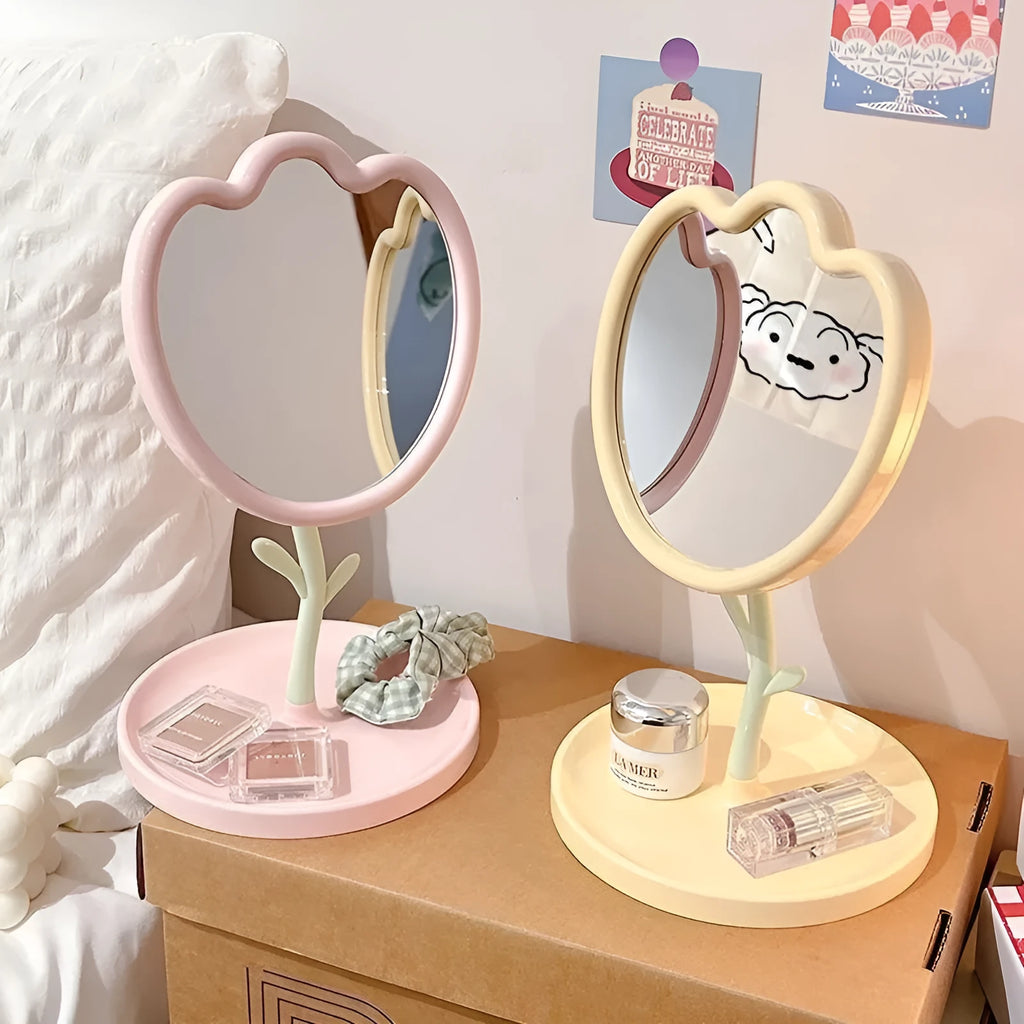 Tulip desktop vanity mirror with plastic frame and glass lens in pink colour, cartoon-style design
