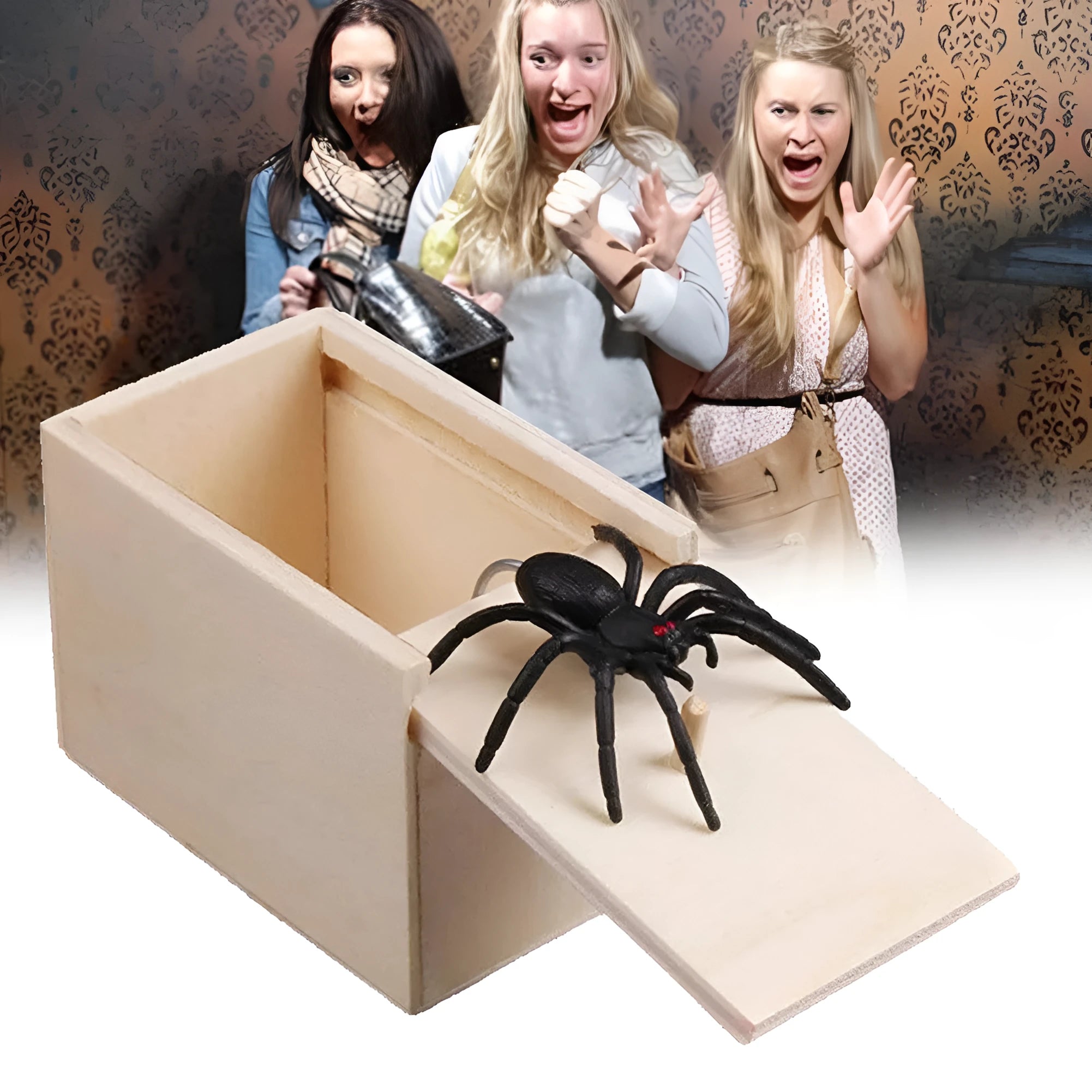 Wooden prank scare box with lifelike jumping animal for April Fools' Day tricks