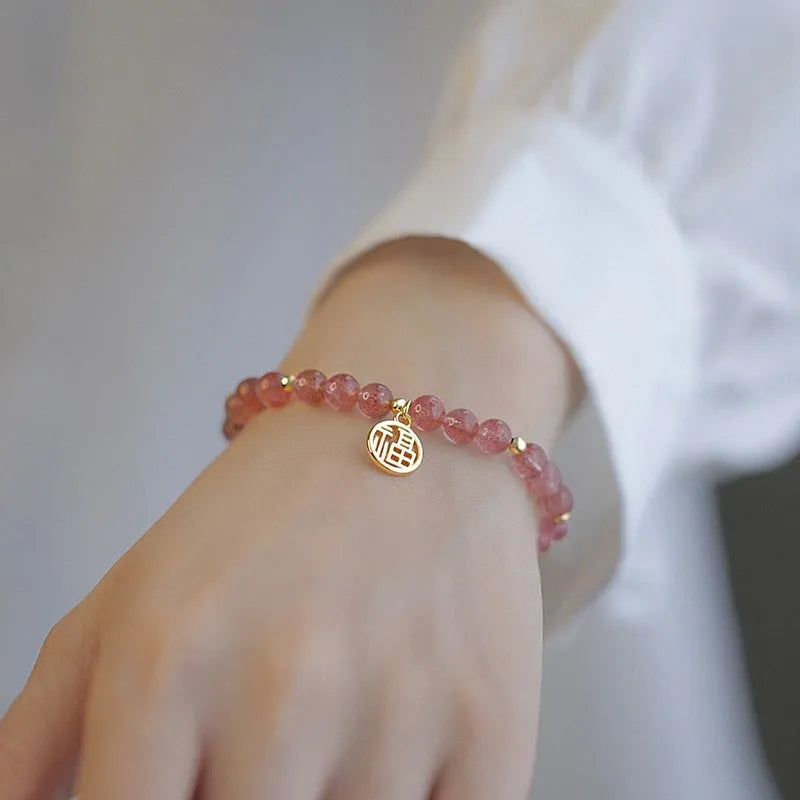 Strawberry quartz blessing card bracelet made from glass with manual processing