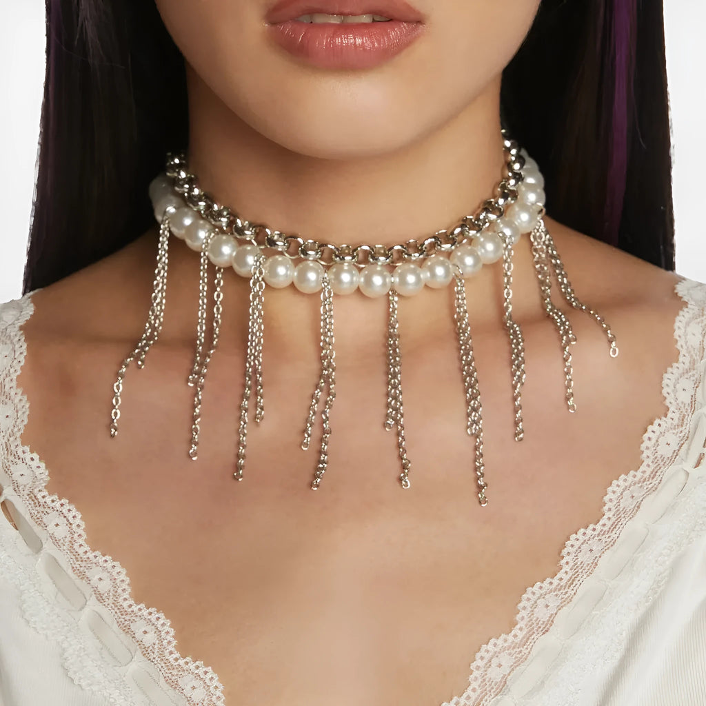 Imitation pearl tassel chain double-layer retro necklace with white K finish and geometric iron pendant
