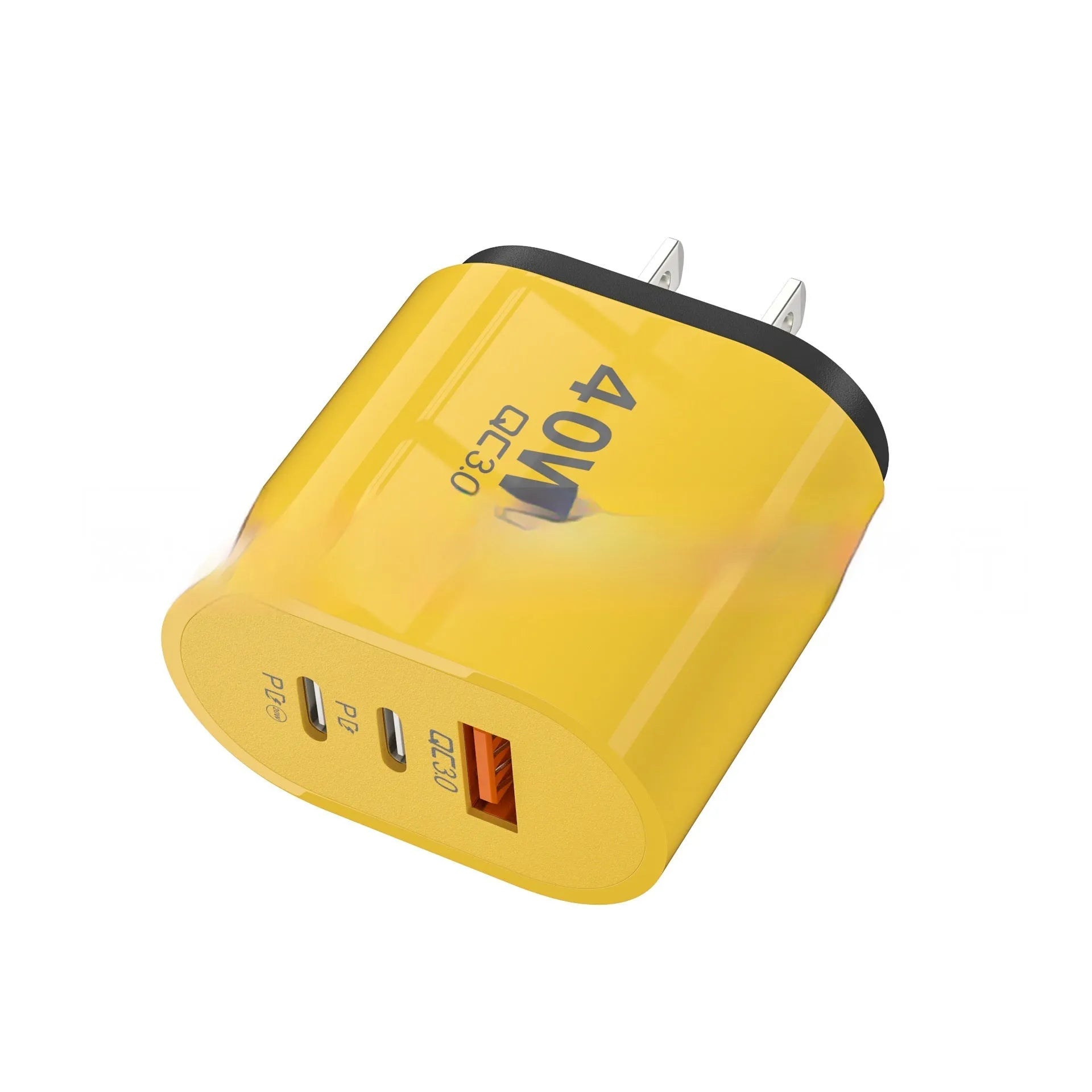 40W multi-port charger for Android mobile phone with EU and US plug options in black, white, and yellow