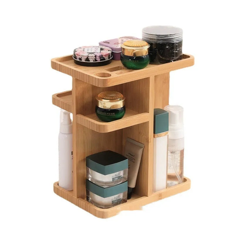 Bamboo rotating storage rack with grid shelves measuring 25×18×29cm