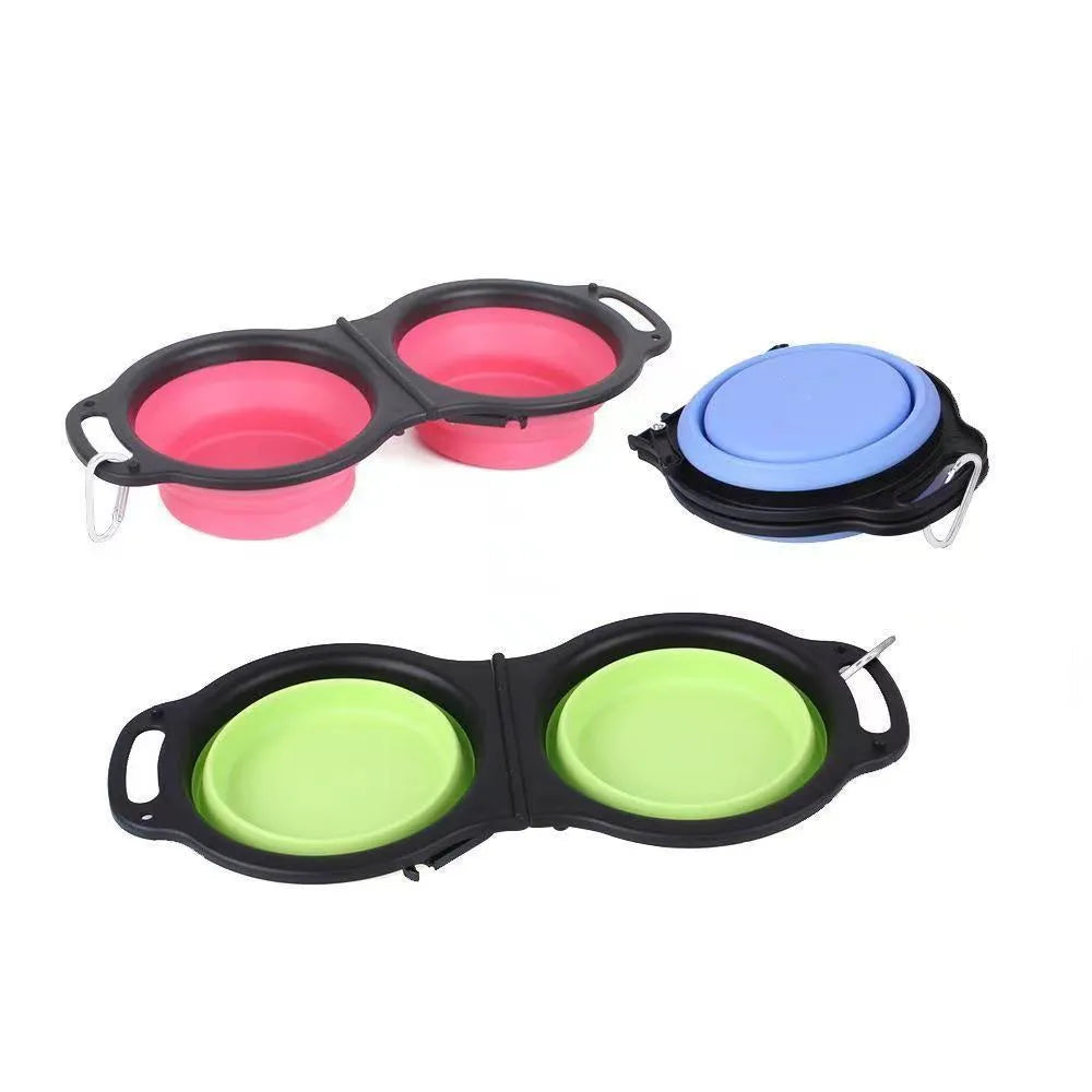 Blue folding silicone double pet bowl with two compartments for dog or cat food and water