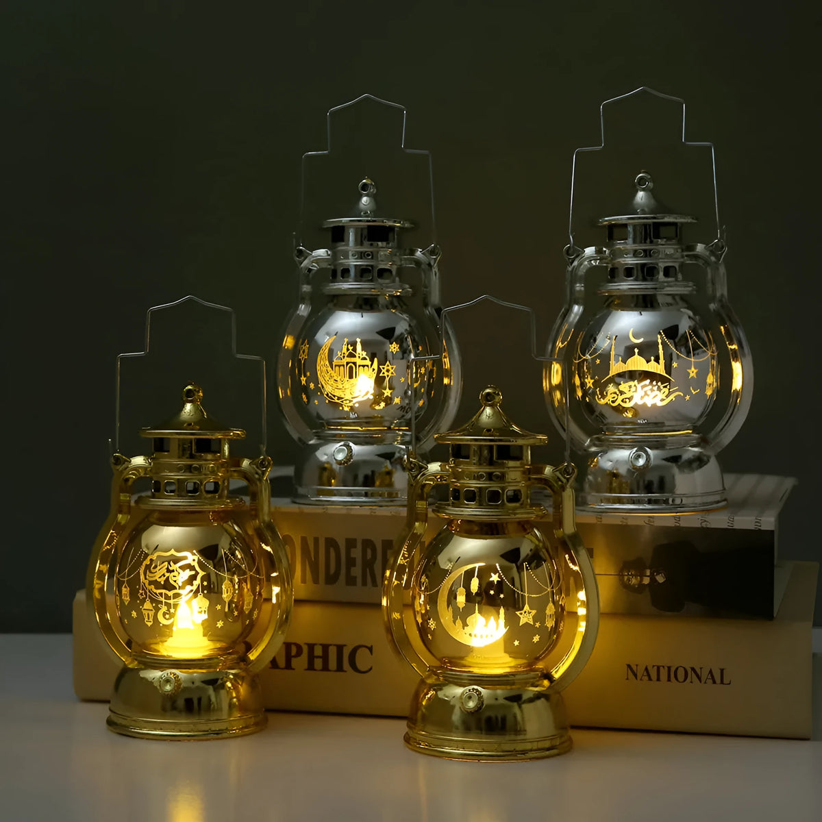 Eid Mubarak laser carved LED lantern in gold or silver, 12.5cm tall, with A1 or A2 Middle East pattern