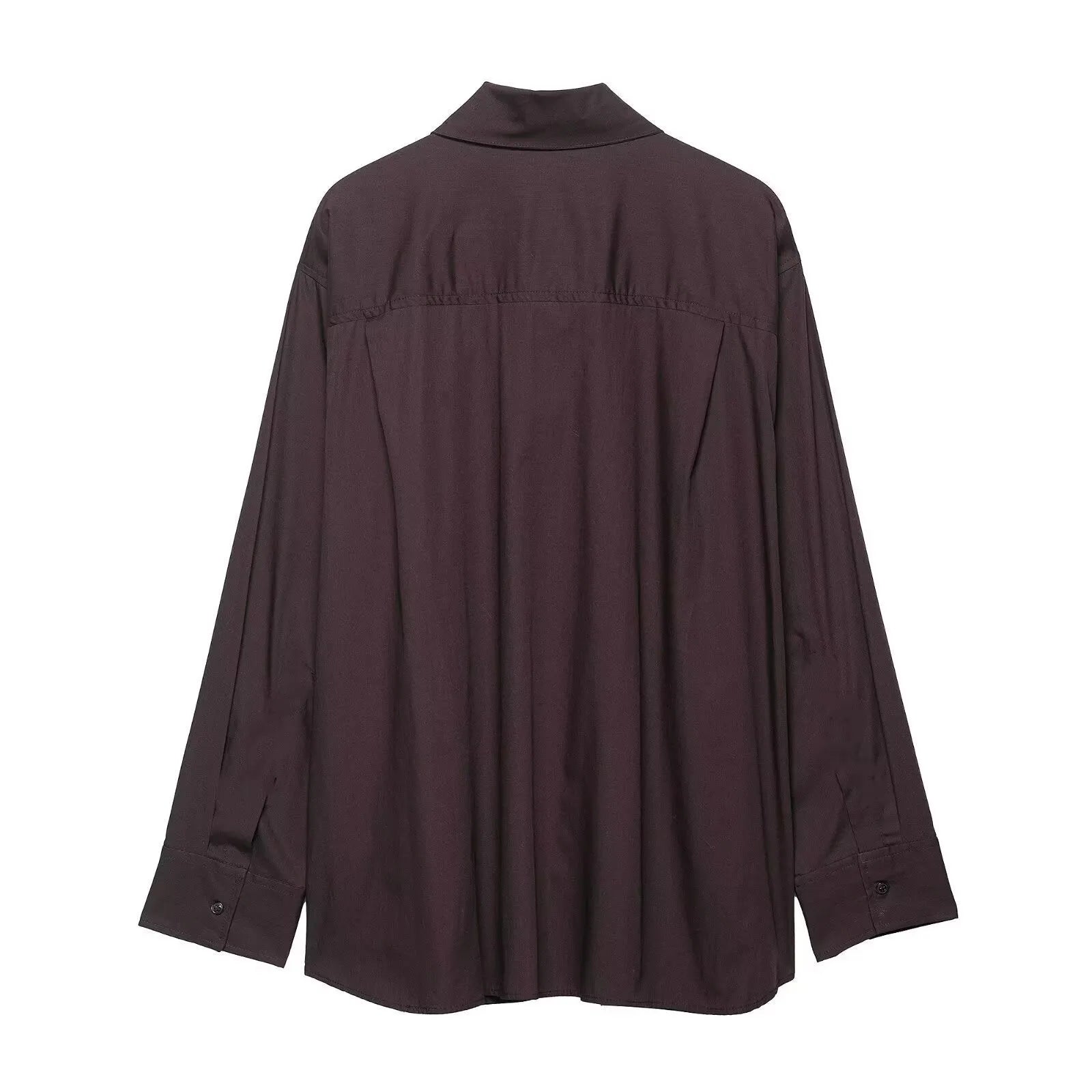 Brown women's long sleeve poplin shirt with a bow tie scarf, loose fit