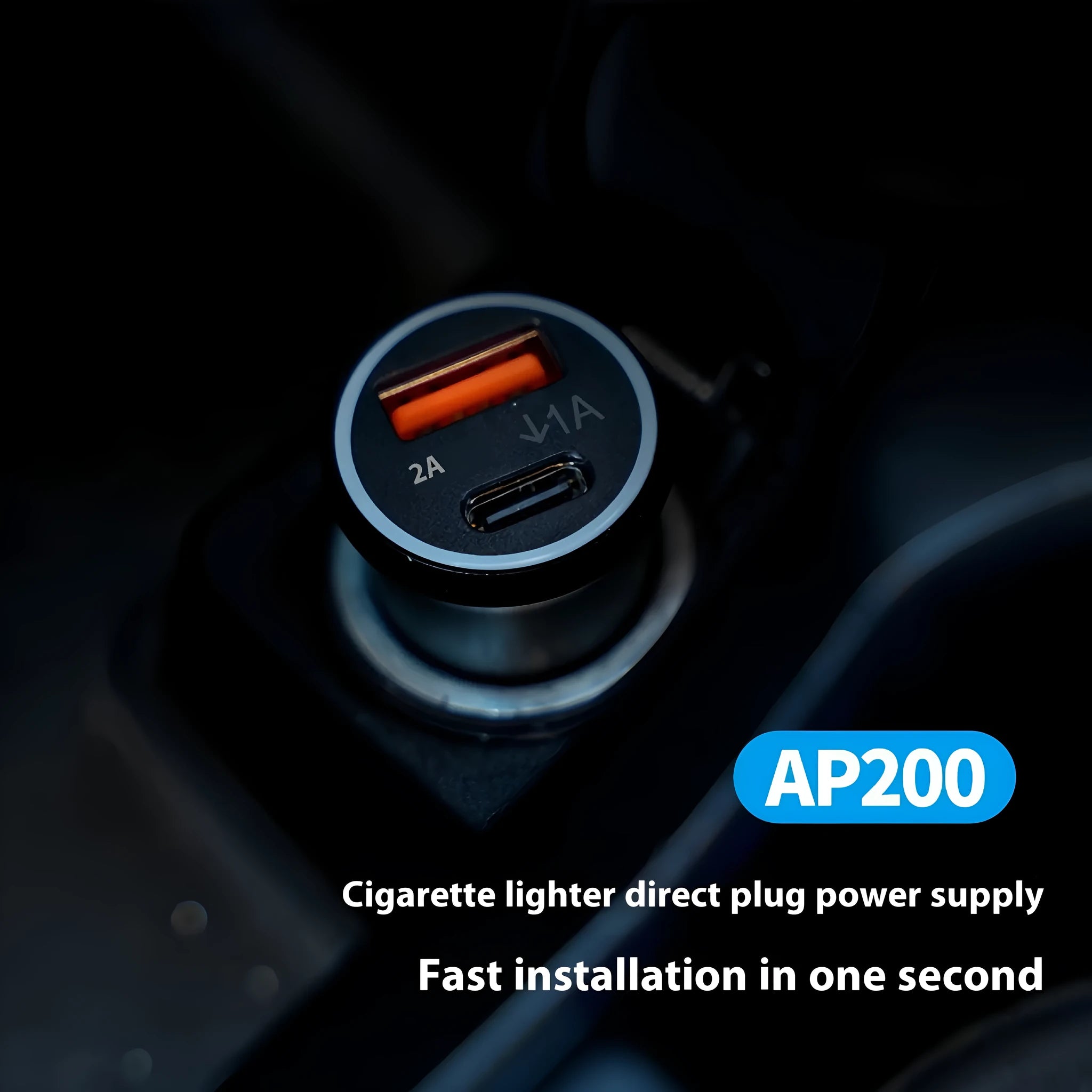 Black car GPS locator with a 12V cigarette lighter plug and a coiled 1.5-metre power cable on a dark surface.