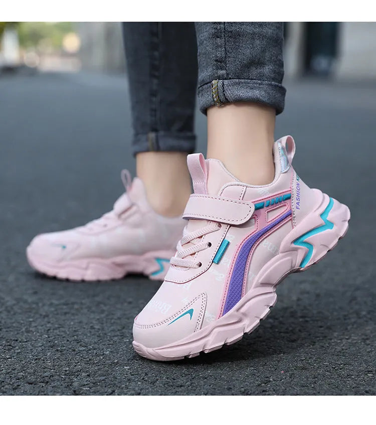 Waterproof leather girls casual sneaker with Velcro fastening, pink upper, and non-slip MD sole