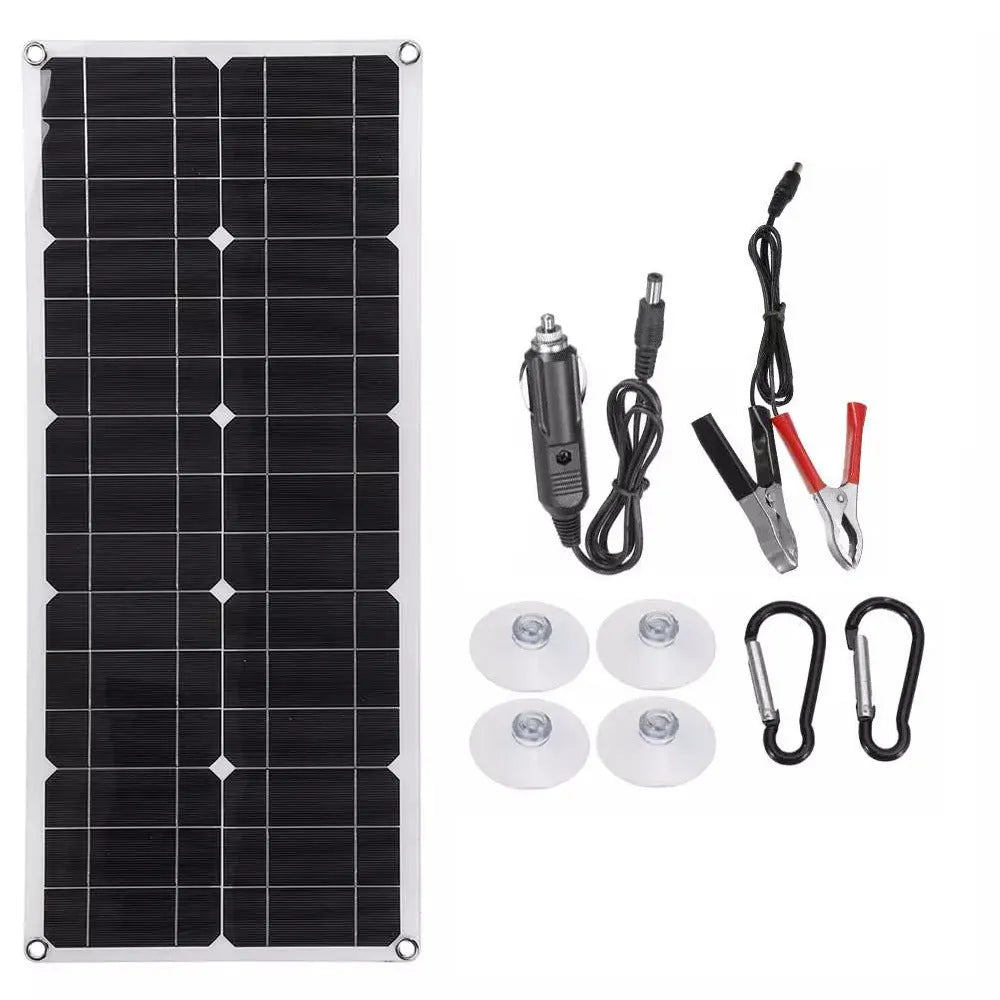 30W semi-flexible solar panel showing its surface and dual output ports for USB and 18V charging.