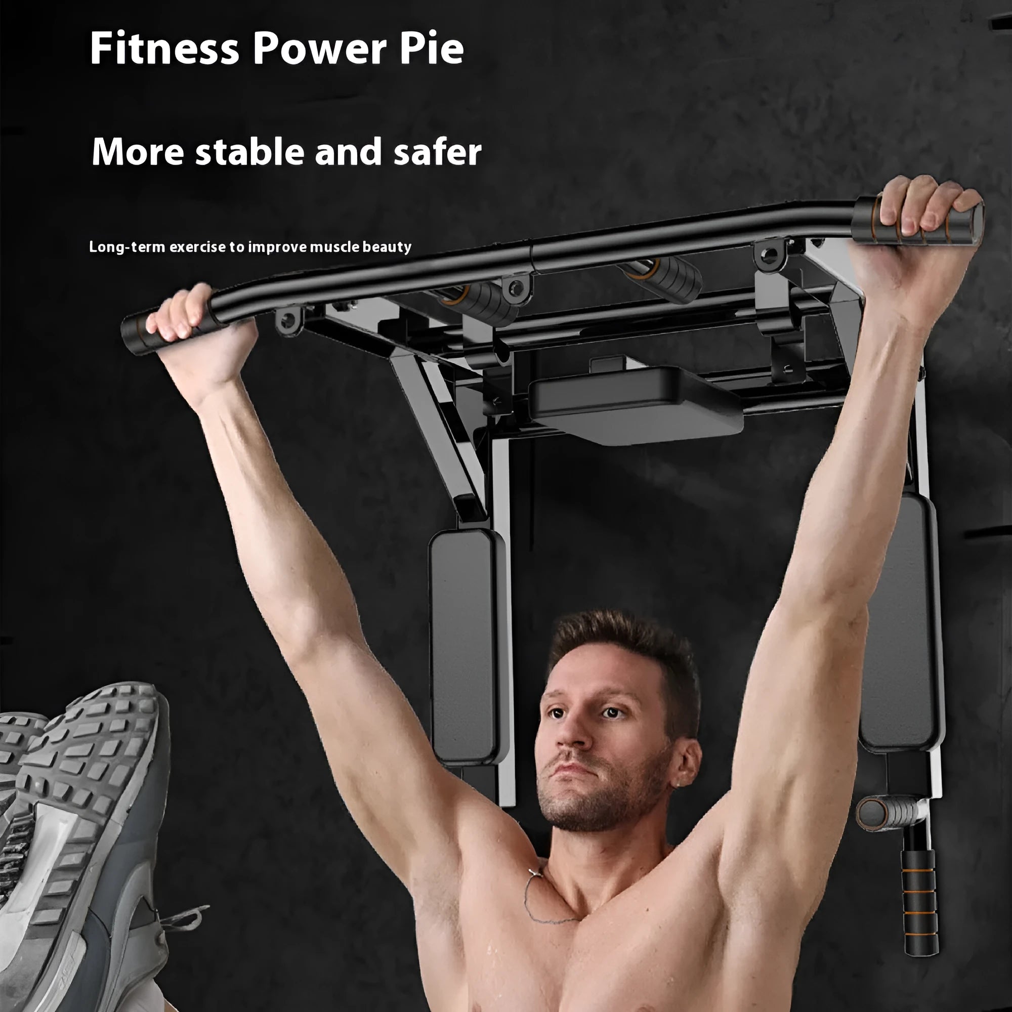 Black wall-mounted steel fitness equipment with parallel bars and a sandbag rack mounting point.