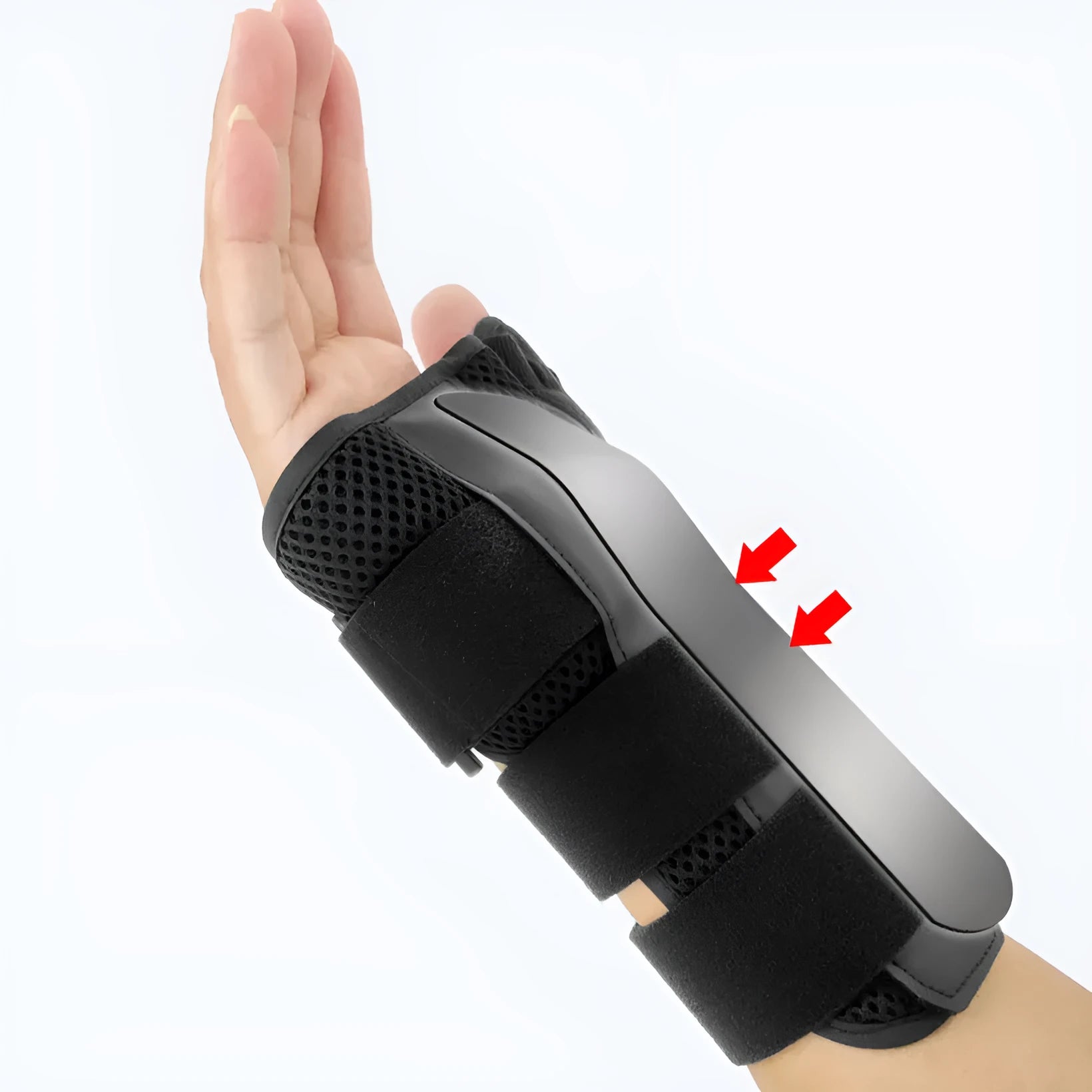 Black carbon fibre sports wrist guard with grey edging and an adjustable thumb strap