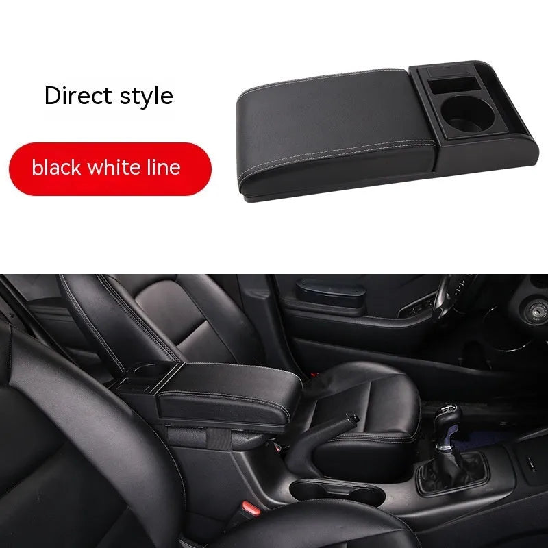 Universal car armrest cover with height adjustment in black PU leather with red stitching
