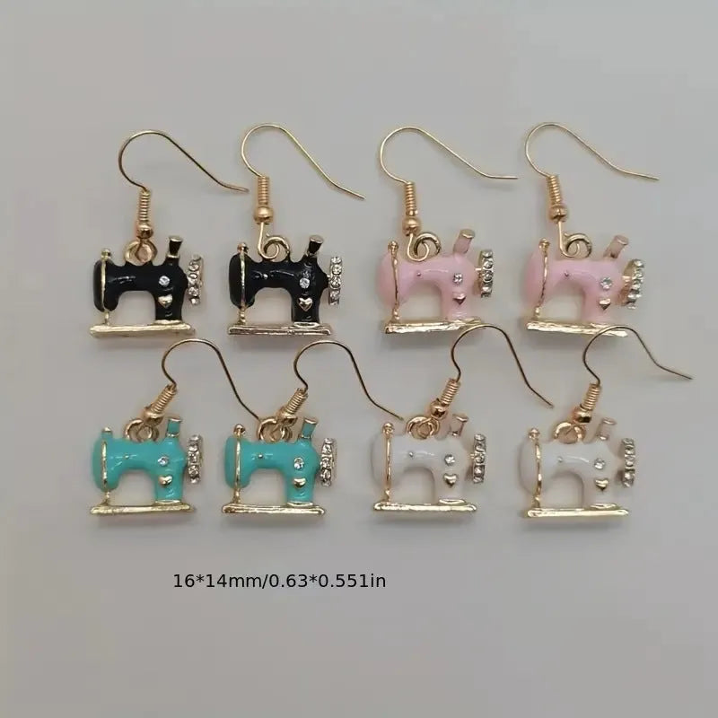 Vintage sewing machine alloy drop earrings in pink with oil drip finish