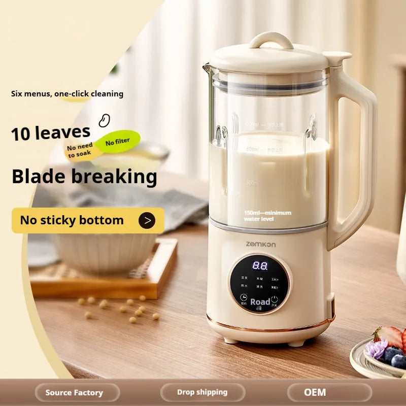 Milky white automatic cytoderm breaking soybean milk maker with glass body and touch control panel.