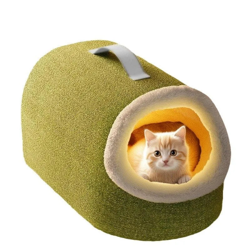 Winter warm closed cat nest in matcha green, plush material, long tube design, 42x28x28cm medium size