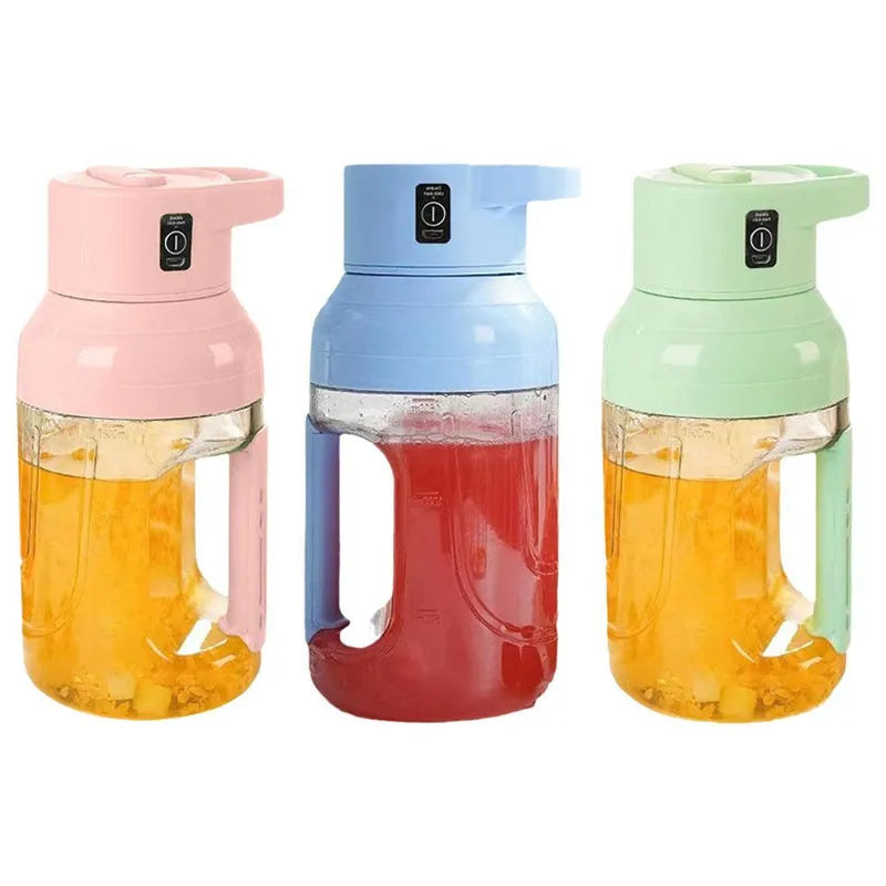 Portable 1500ml electric juicer with double handles and USB charging cable in emerald green