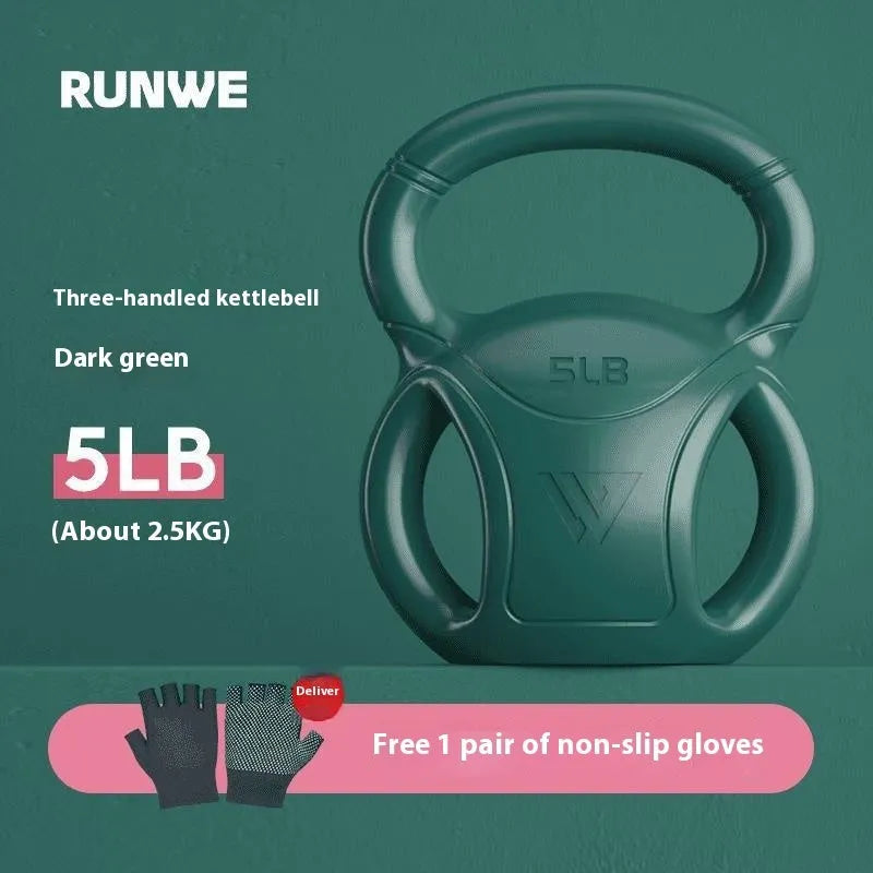 Pink kettlebell 10 lbs with gloves on wooden floor for home exercise