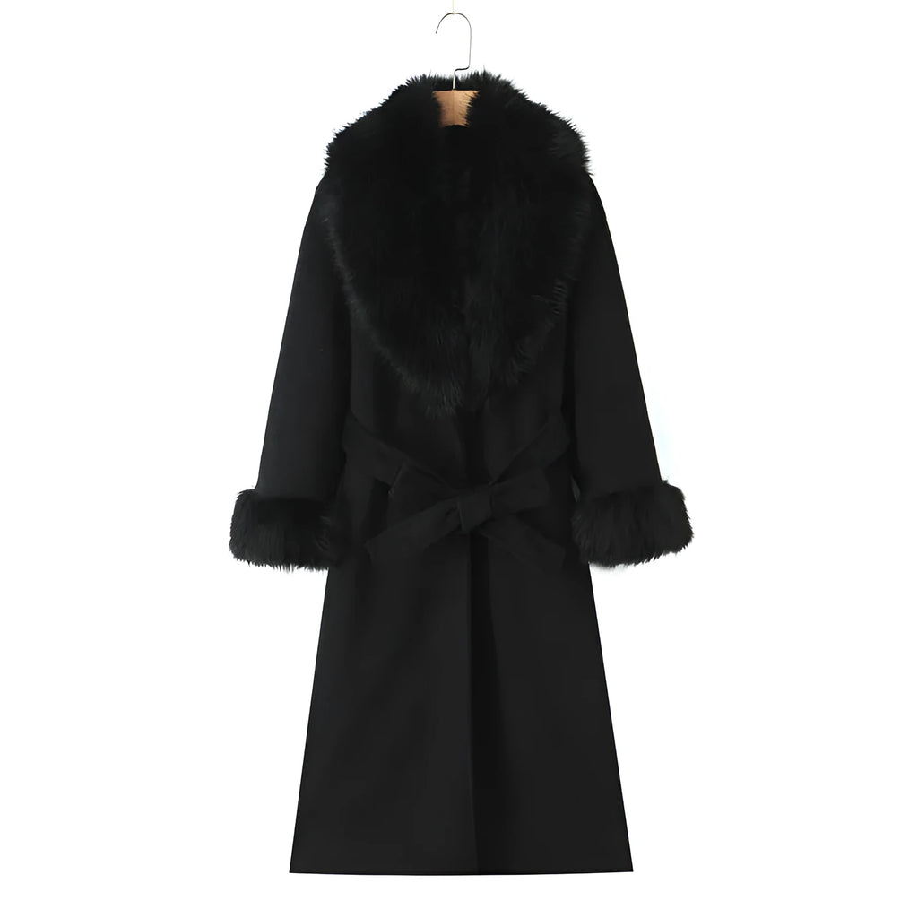 Women's long wool blend coat with detachable big rabbit fur collar and belt, front view, pattern colour