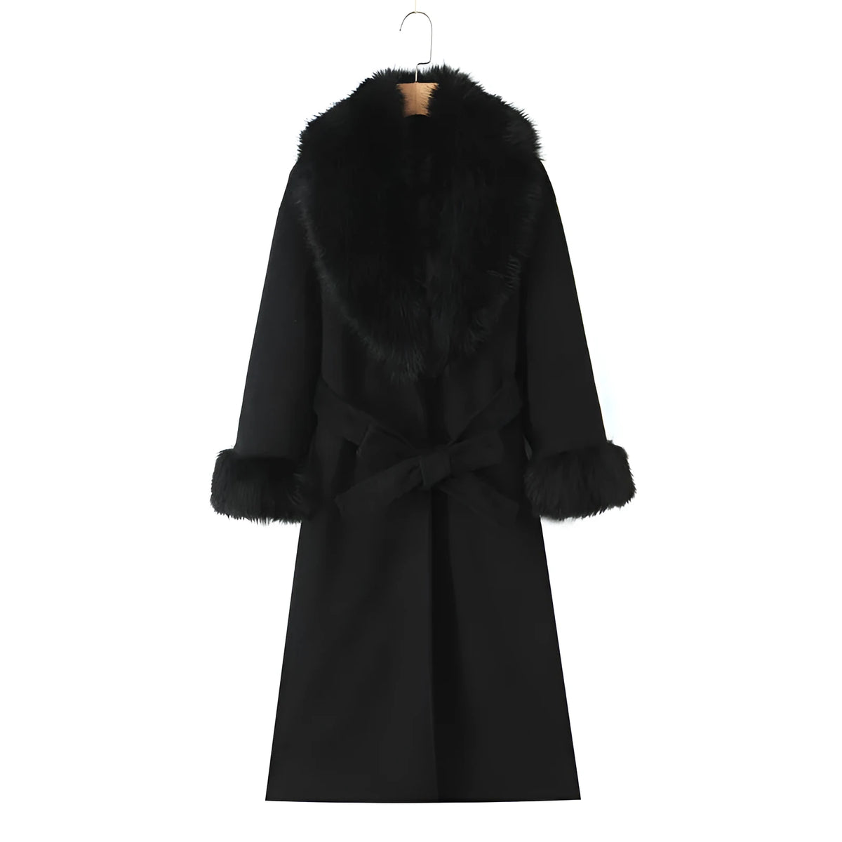Women's long wool blend coat with detachable big rabbit fur collar and belt, front view, pattern colour
