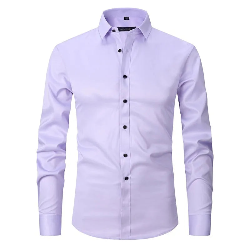 Men's long sleeve polyester work shirt on a hanger, shown in a light colour, demonstrating its professional style.