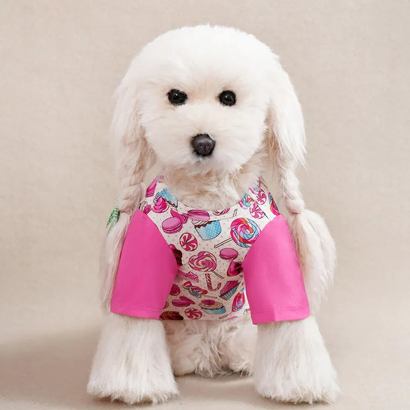 Small dog wearing a colourful printed polyester t-shirt, showing the casual fit and full-body design.