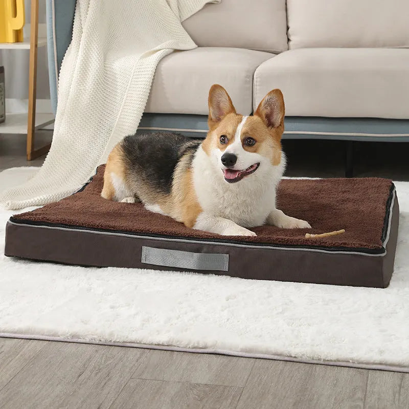 Brown removable sponge dog mat showing size and textured surface.