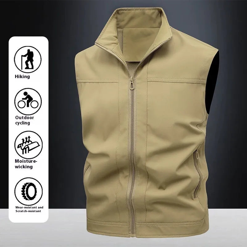 Men's casual polo shirt with stand-up collar in polyester blend fabric showing loose fit design