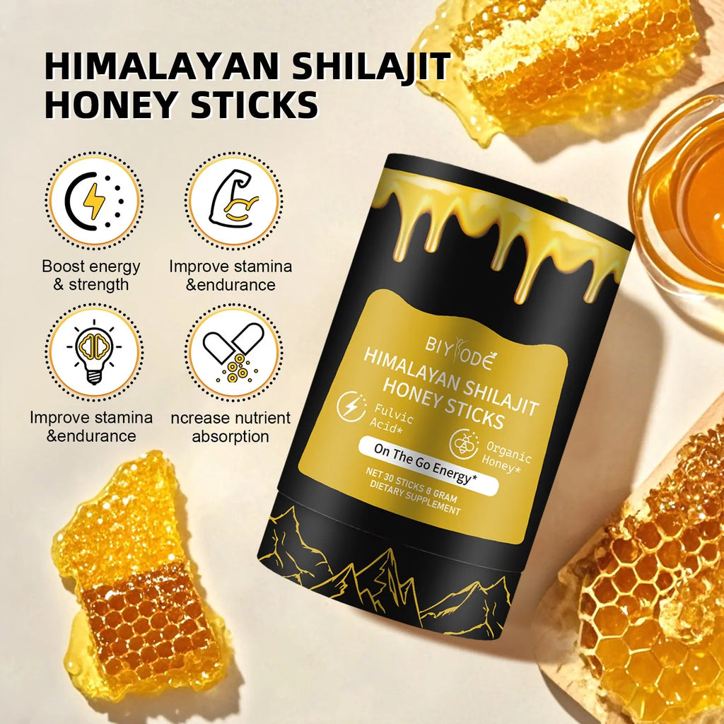 Bottle of 30 shilajit honey sticks with shilajit extract, honey, and saffron for energy and immune support