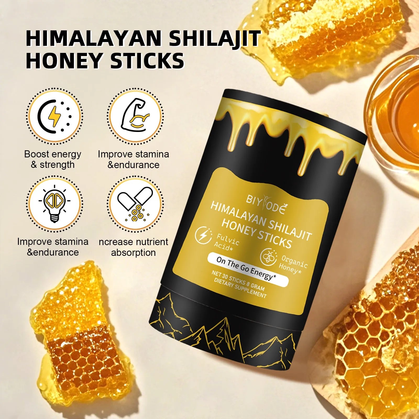 Bottle of 30 shilajit honey sticks with shilajit extract, honey, and saffron for energy and immune support