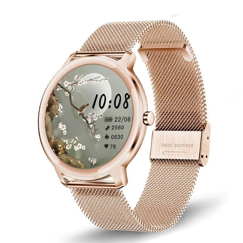 Women's rose silver stainless steel smart watch with 1.3-inch touch screen on wrist