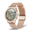 Women's rose silver stainless steel smart watch with 1.3-inch touch screen on wrist