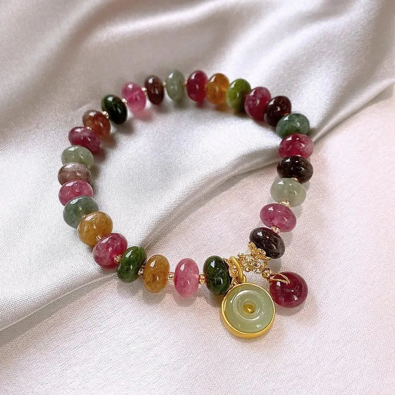 Natural stone colour tourmaline abacus beaded bracelet with rabbit pendant