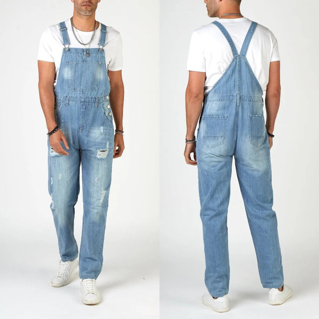 Men's light blue ripped suspender jeans high waist straight leg retro denim trousers button fly