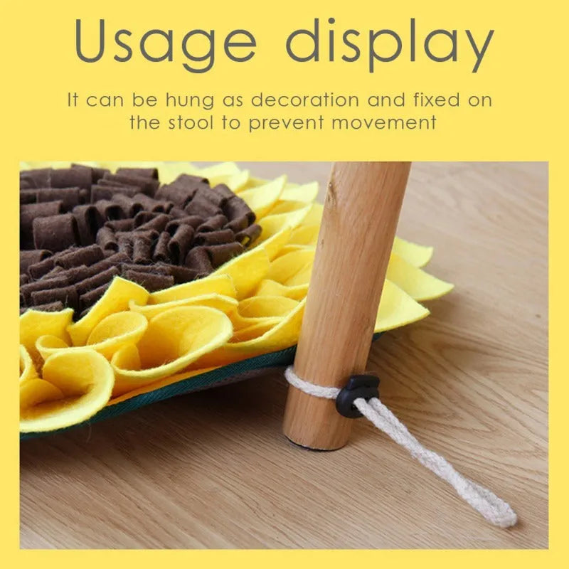 Yellow sunflower pattern dog snuffle mat with rope buckle for slow feeding and nosework games