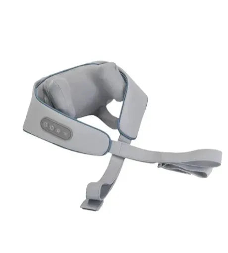 Milky white rechargeable shoulder and neck cervical massager with USB cable.