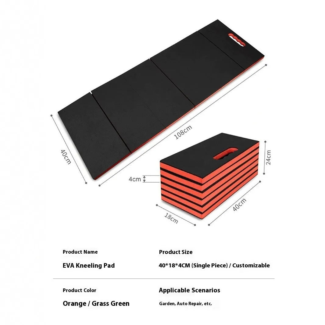 Large grey folding EVA foam kneeling mat shown open on a garage floor.